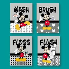 four mickey mouse bathroom signs with the words wash, flush, and brush on them