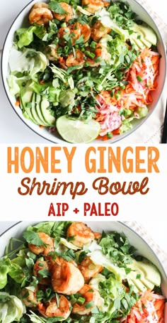 two bowls filled with shrimp, lettuce and avocado salad