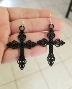 New  Handmade  Black Cross Earrings  ♡ Black filigree Cross Dangle Earrings  ♡ Measure 2.25 inches long  ♡ Lightweight  ♡ .925 sterling silver ear hooks ♡ Stainless steel black powder coated cross charms  Matching necklace ~ Stainless steel black double strand cable chain measures 16 inches, plus has a 2 inch extender  ~ Lobster clasp closure ~ Cross measures 2 inches long x 1.25 inches wide ♡ Ships within 24 hours of purchase Monday-Saturday Gift Packaging & Messages: Your item will be lovingly Gothic Black Hypoallergenic Earrings, Gothic Black Drop Earrings, Nickel-free Black Metal Plug Earrings, Black Cross-shaped Earrings For Gift, Black Cross Earrings For Gift, Black Cross Earrings As Gift, Black Gothic Pierced Earrings, Black Dangle Plug Earrings For Gift, Black Dangle Plug Earrings As Gift