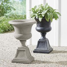 two cement urns with plants in them