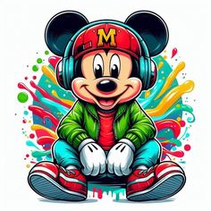 mickey mouse with headphones sitting on the ground in front of colorful paint splatters