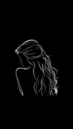 a drawing of a woman with long hair in black and white on a dark background