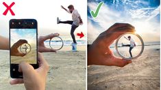 a person holding a cell phone taking a photo on the beach while another person is doing tricks