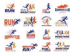 set of running logos and emblems on white background for sport center or marathon event