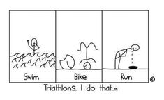 three panels showing different stages of swimming and triathlons, with the words swim on them