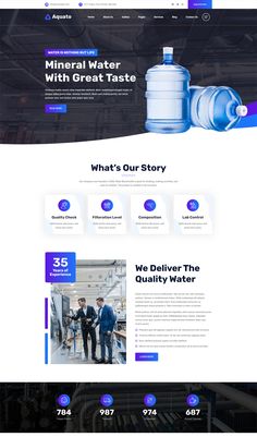 the website design for water company is shown in blue and purple colors, with an image of