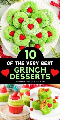 green desserts with red hearts on them and the title overlay reads 10 of the very best grinch desserts