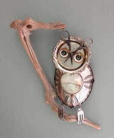 an owl is sitting on a branch with a magnifying glass in it's eyes