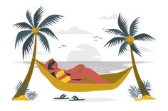 a woman laying in a hammock between two palm trees on the beach illustration