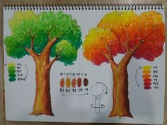 an artist's drawing of trees with different colors in each tree, including red, green, yellow and orange