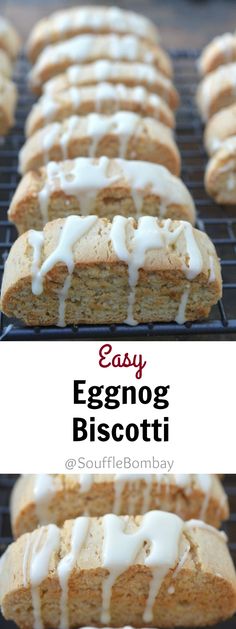 easy eggnog biscotti recipe with white icing on a cooling rack