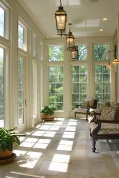 the sun shines through two large windows into a room with chairs and potted plants