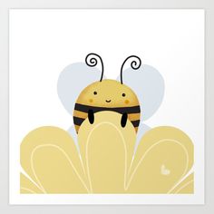 a yellow and black bee sitting on top of a flower with its eyes closed art print