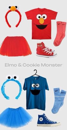 an assortment of children's items including shoes, socks and t - shirts with the words elmo & cookie monster on them