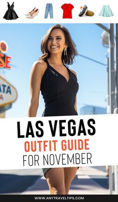 the las vegas outfit guide for november is featured in this postcard with an image of a woman wearing high heels