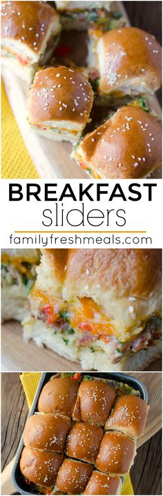 this is an image of breakfast sliders with cheese and vegetables in the bottom photo