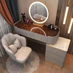 a dressing table with a chair and mirror