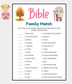 a printable bible family match game with an image of a tree and two people