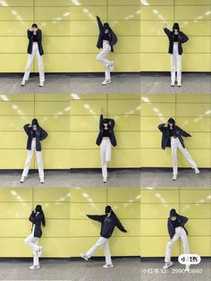 a series of photos showing how to do the same dance move with white pants and black hoodie