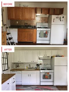 before and after pictures of a kitchen remodel with white cabinets, wood flooring and appliances