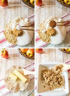 four pictures showing how to make an apple crisper