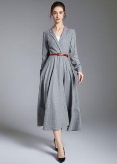 Gray Wool Dress Wool Midi Dress Long Sleeve Wool Dress - Etsy Modern Dresses For Women, Wool Dress Winter, Winter Wool Dress, Midi Dress Long Sleeve, Wrap Dress Styles, Whimsical Dress, Chiffon Maxi Skirt, Cottagecore Outfits, Fashion Forecasting