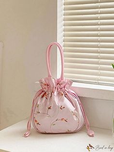 BirdinBag - Stylish Mini Womens Embroidered Bucket Bag: Compact Top Handle Handbag for Summer & Phone Essentials Phone Essentials, Summer Phone, Summer Purses, Novelty Bags, Top Handle Handbags, Embroidered Bag, Bag Bag, Embroidered Flowers, Baby Pink