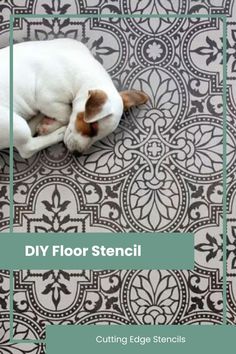 a white dog laying on top of a tile floor next to a green border with the words diy floor stencil