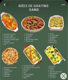 an image of different types of dishes on a green board with the words idees de gratins sains