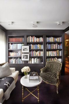 a living room filled with furniture and lots of bookshelves covered in black bookcases