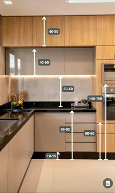 an image of a kitchen setting with numbers on the counter top and measurements for cabinets