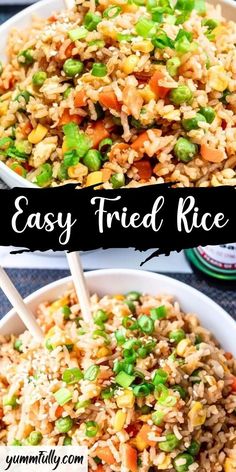 easy fried rice with peas and carrots in a white bowl on a blue table