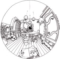 a black and white drawing of a dining room with an oval table in the center