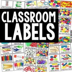 classroom labels with different types of school supplies and words on them, including scissors, pencils, crayons, etc