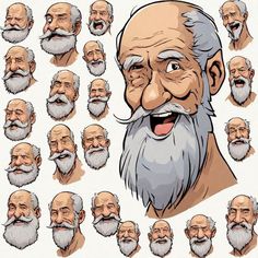 an old man's head with many facial expressions and beards, all in different poses