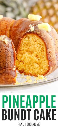 a pineapple bundt cake on a plate with the words, pineapple bundt cake