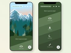 two smartphones with different app screens showing mountains, trees and other things on them