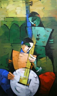 an abstract painting of two people playing the guitar and another person sitting down with their arms around each other