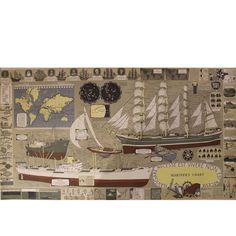 a wall with many different types of boats and maps on it, as well as the map