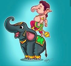 an elephant with a man sitting on top of it's back next to him