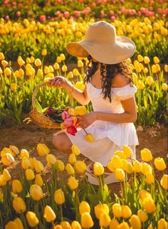 a woman kneeling in a field full of yellow tulips with a straw hat on her head