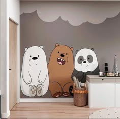 there are three bears on the wall in this room