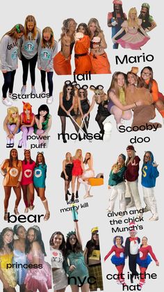 many different types of people in costumes and name tags on the back of each person's body