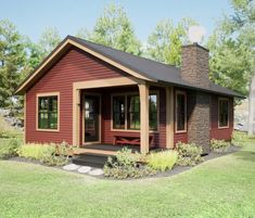 a small red cabin style house with porch and covered patio