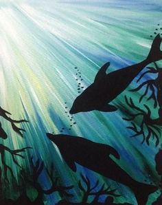 a painting of dolphins swimming in the ocean