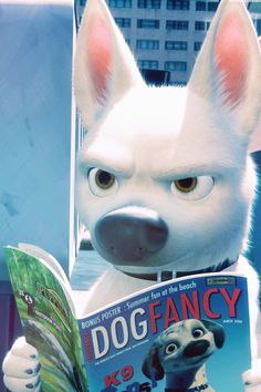 an animated dog is reading a book in front of a window with the words,'doc fancy'on it