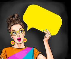 a woman with glasses holding up a yellow speech bubble