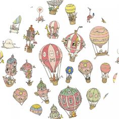 an image of many hot air balloons flying in the sky with animals and birds on them