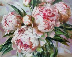 a painting of pink peonies in a glass vase