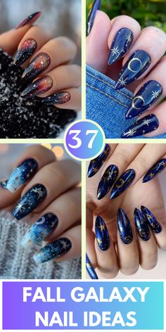 Get creative with these stunning fall galaxy nail ideas! From deep burgundy and gold to shimmering copper and navy, explore cosmic designs that capture the magic of autumn. Perfect for adding a unique touch to your manicure, these nail art ideas combine vibrant colors and starry patterns. Get inspired to try out these beautiful galaxy nails this season! Fall Celestial Nails, Sun Moon And Star Nails, Navy And Purple Nails, Galaxy Nails Designs, Cosmic Nail Art, Deep Blue Nails Designs, Acotar Nails, Moon And Star Nails, Celestial Nail Designs